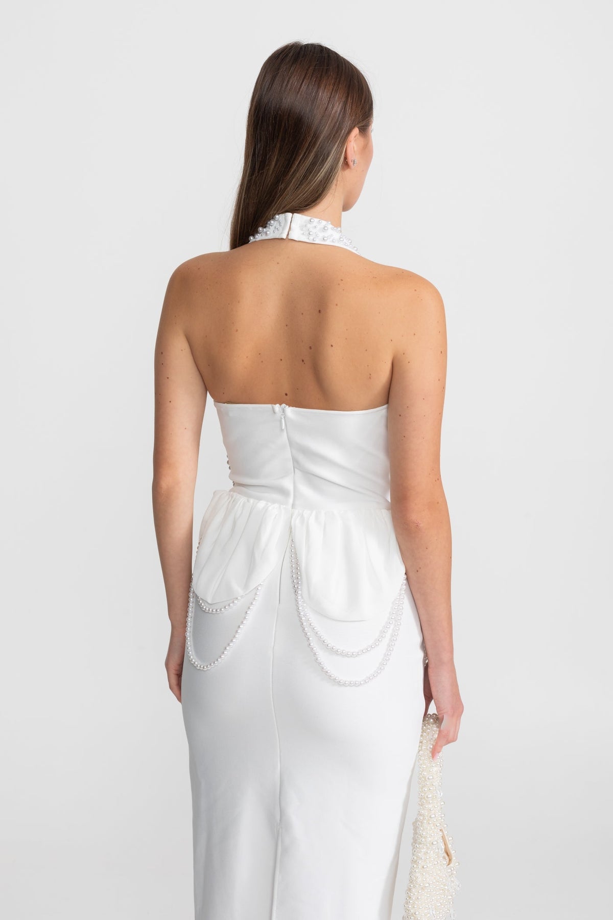 Satin Halter Gown with Pearl Embellishment and Gathered Peplum – White – view 9