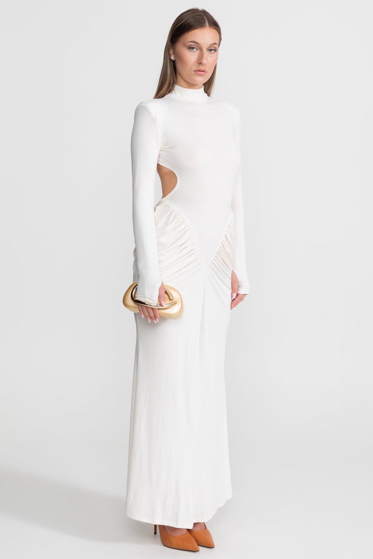 Stretch Satin Ruched Maxi Dress with Side Cut-Outs – White – view 4