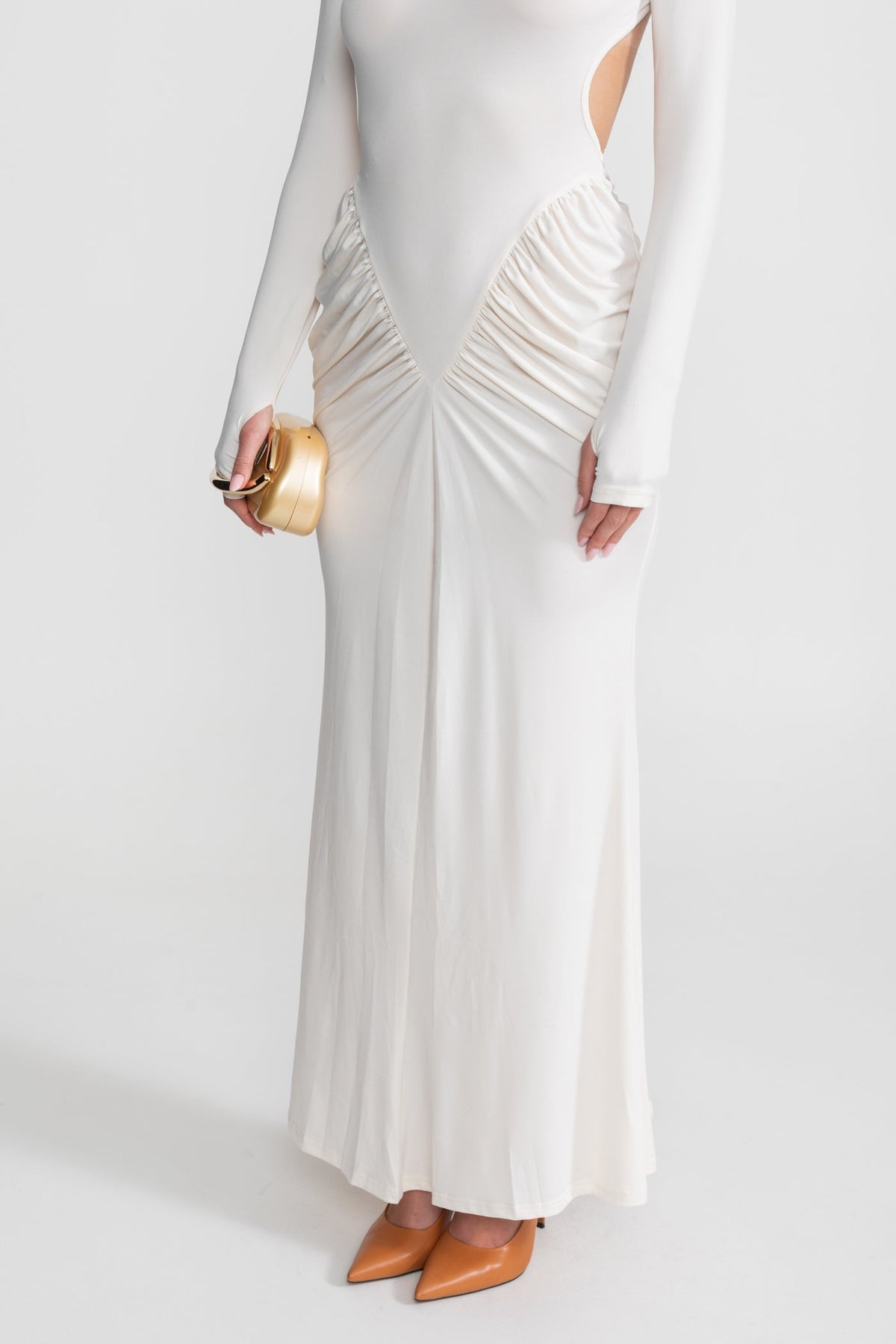 Stretch Satin Ruched Maxi Dress with Side Cut-Outs – White – view 5