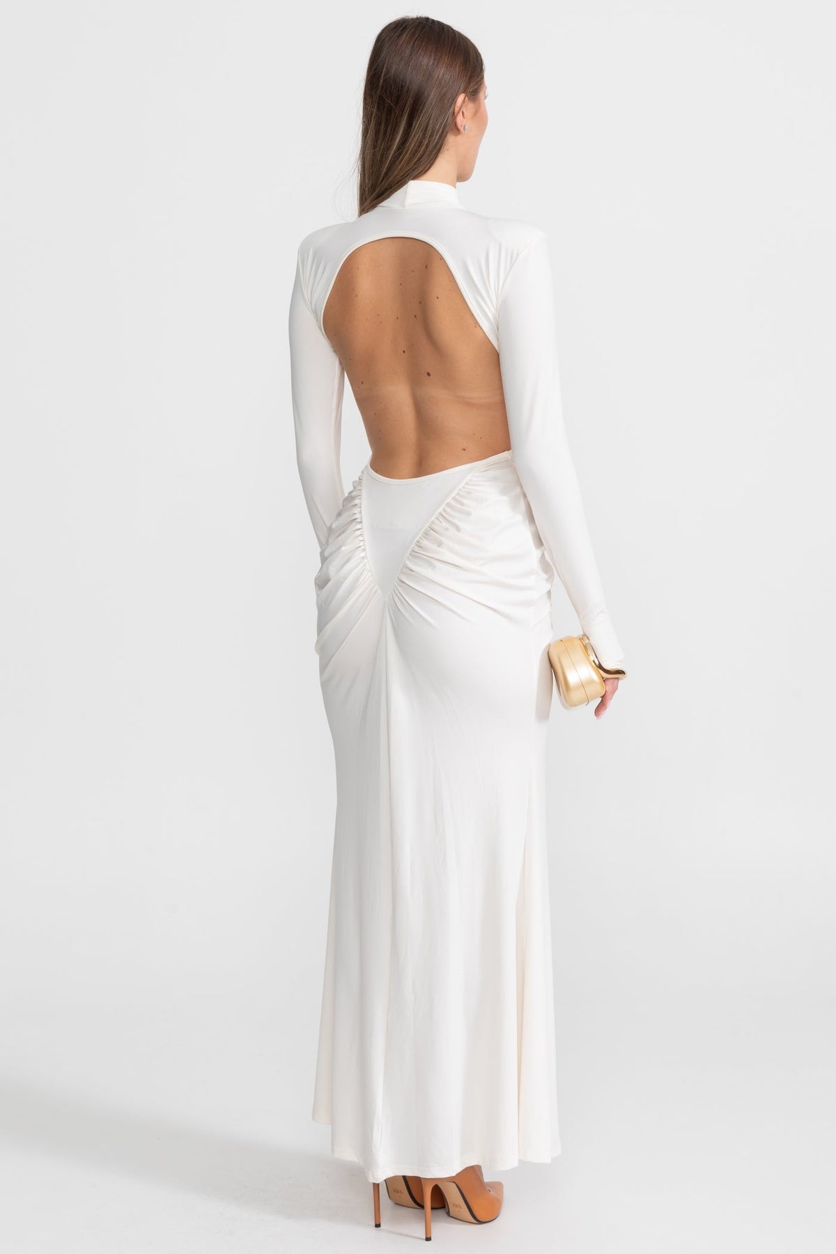 Stretch Satin Ruched Maxi Dress with Side Cut-Outs – White – view 3