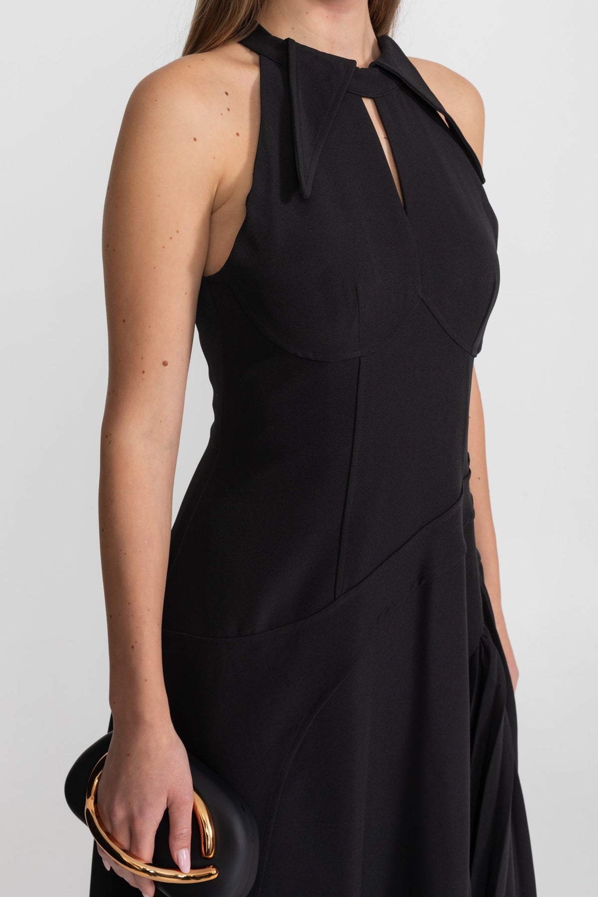 Halter Neck Keyhole Midi Dress with Side Pleated Panel – Black – view 5