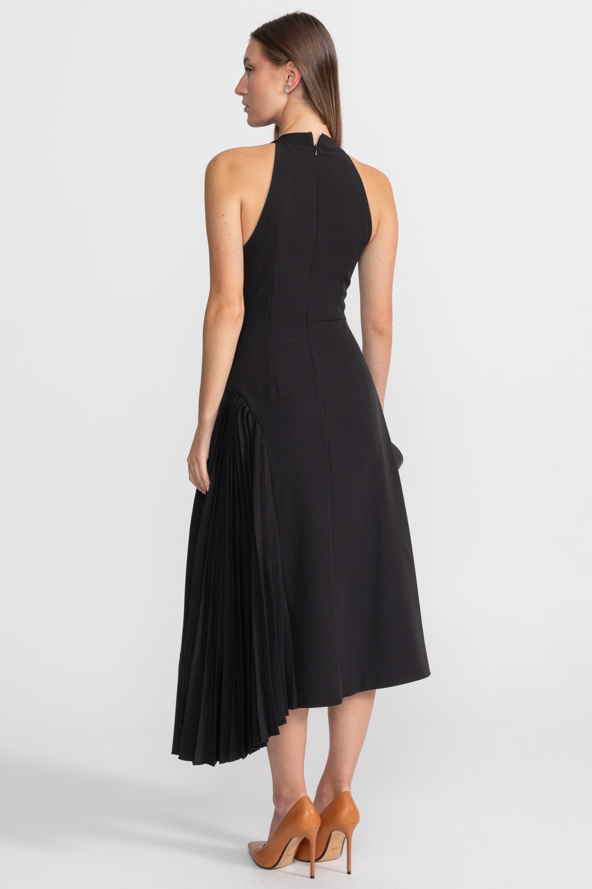Halter Neck Keyhole Midi Dress with Side Pleated Panel – Black – view 3