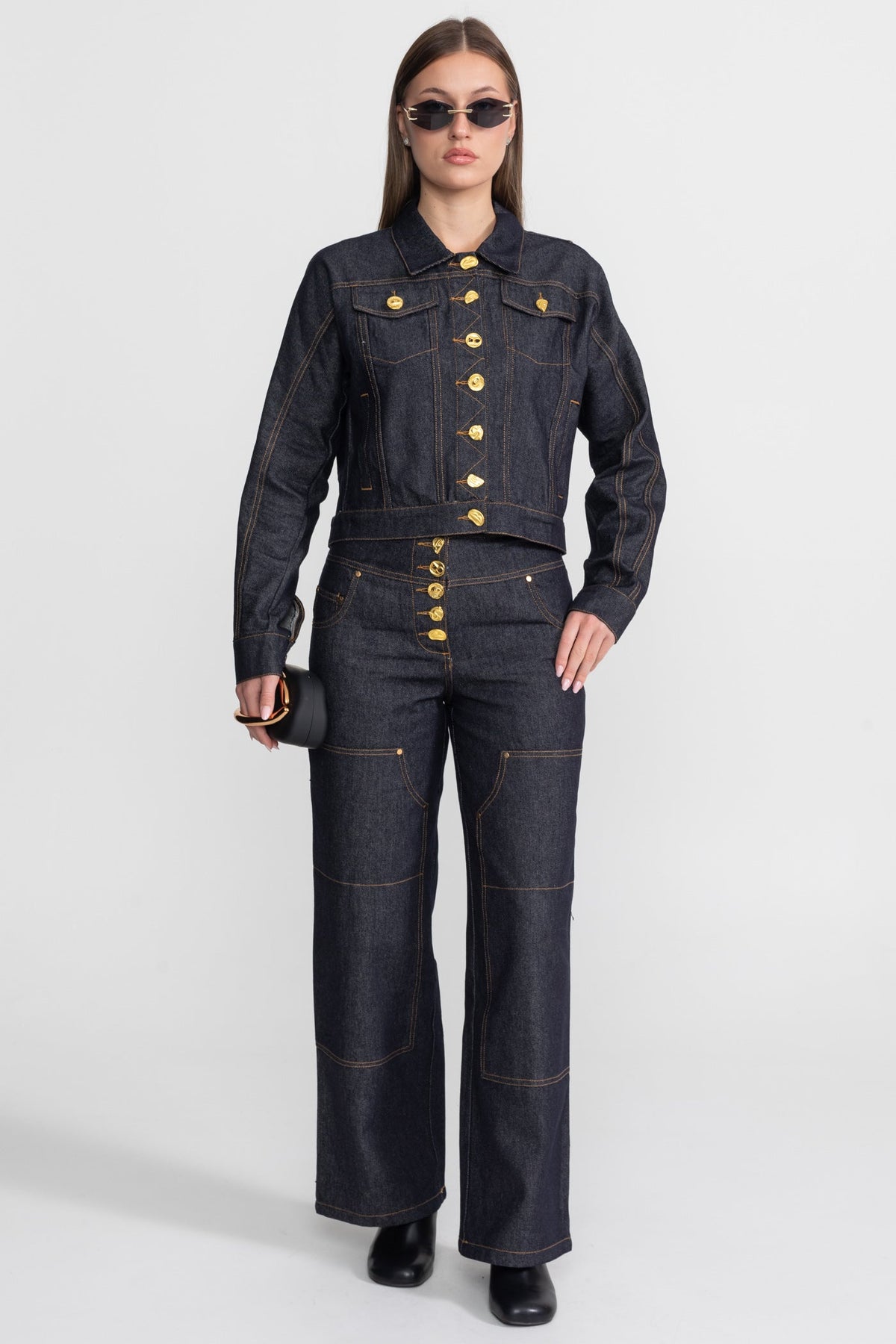Cropped Denim Jacket and Straight Leg Jeans Set with Gold Buttons – Indigo