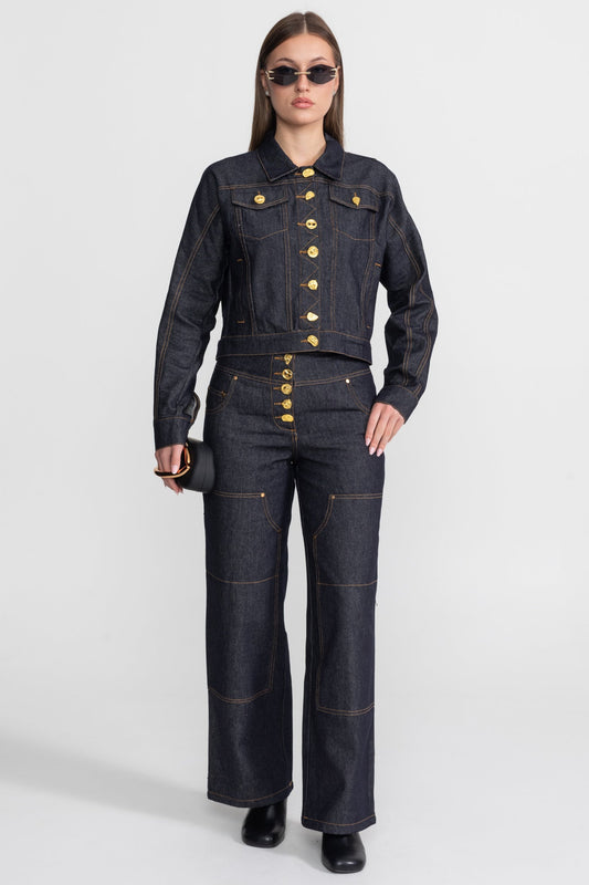 Cropped Denim Jacket and Straight Leg Jeans Set with Gold Buttons – Indigo