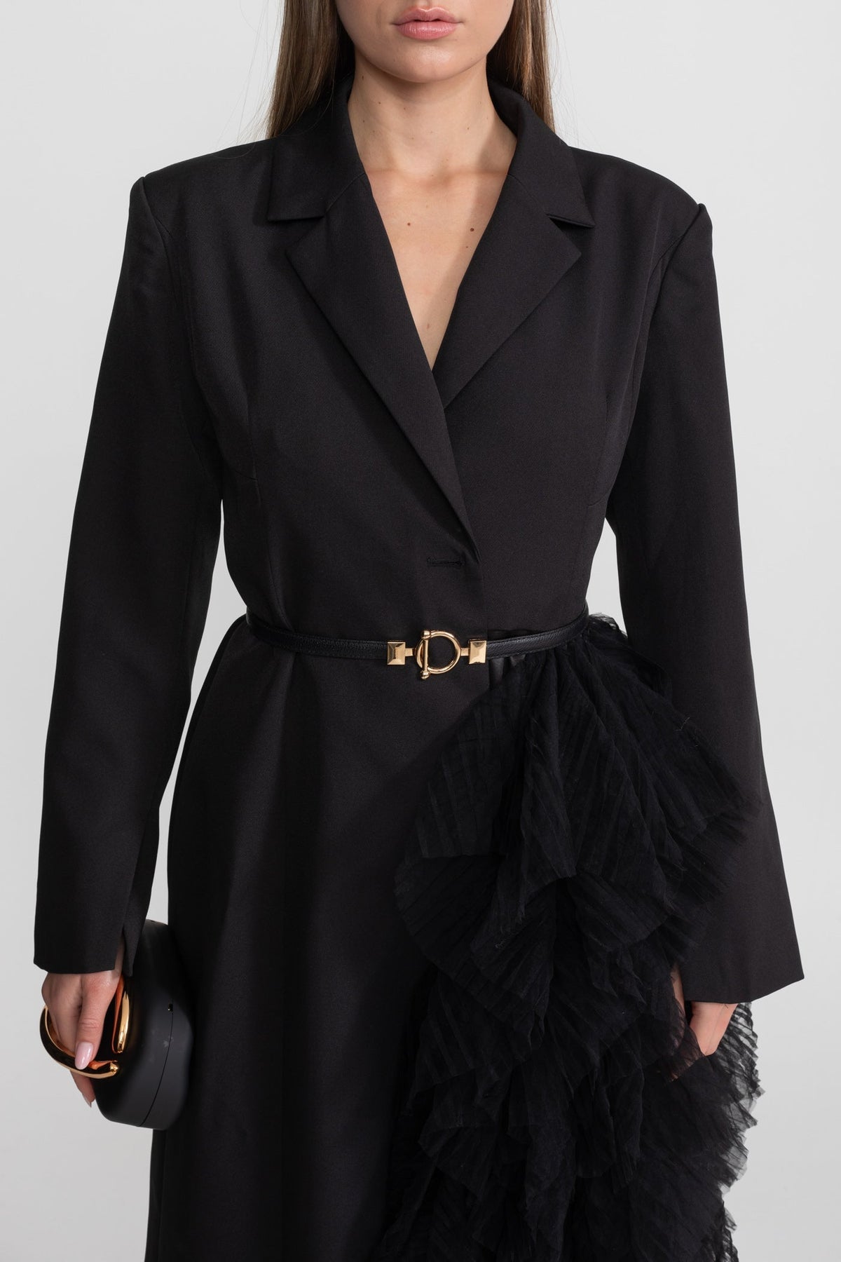 Tulle Cascade Blazer Dress with Notched Lapels and Belt – Black – view 6