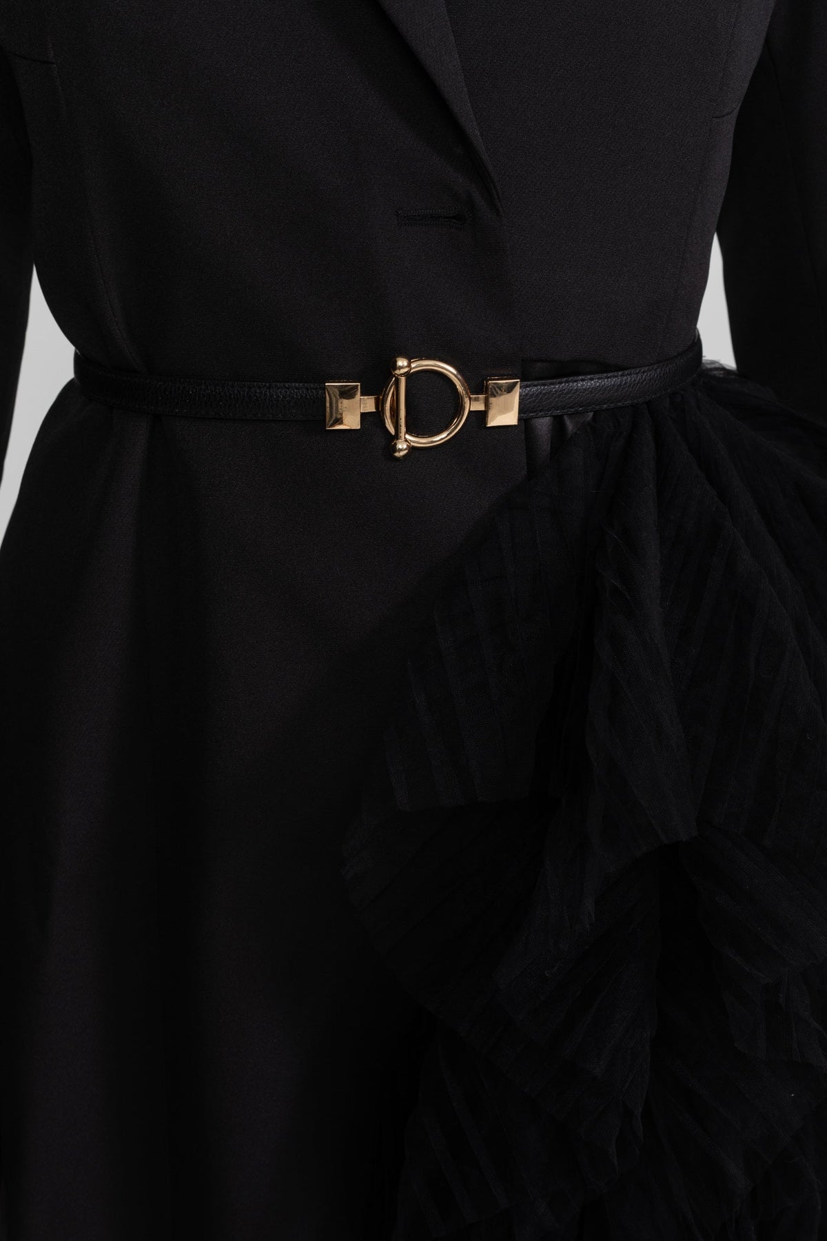 Tulle Cascade Blazer Dress with Notched Lapels and Belt – Black – view 8