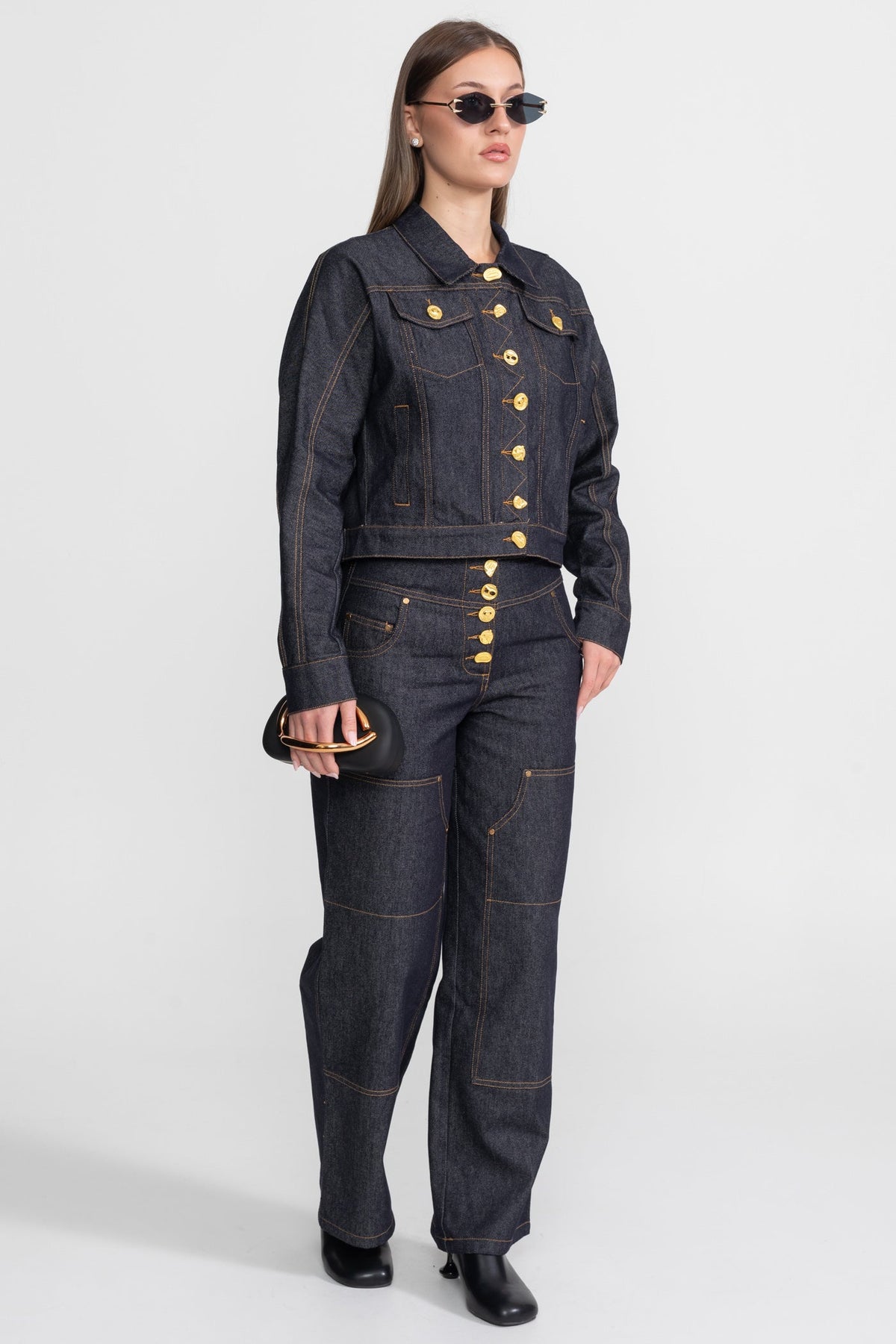 Cropped Denim Jacket and Straight Leg Jeans Set with Gold Buttons – Indigo – view 3