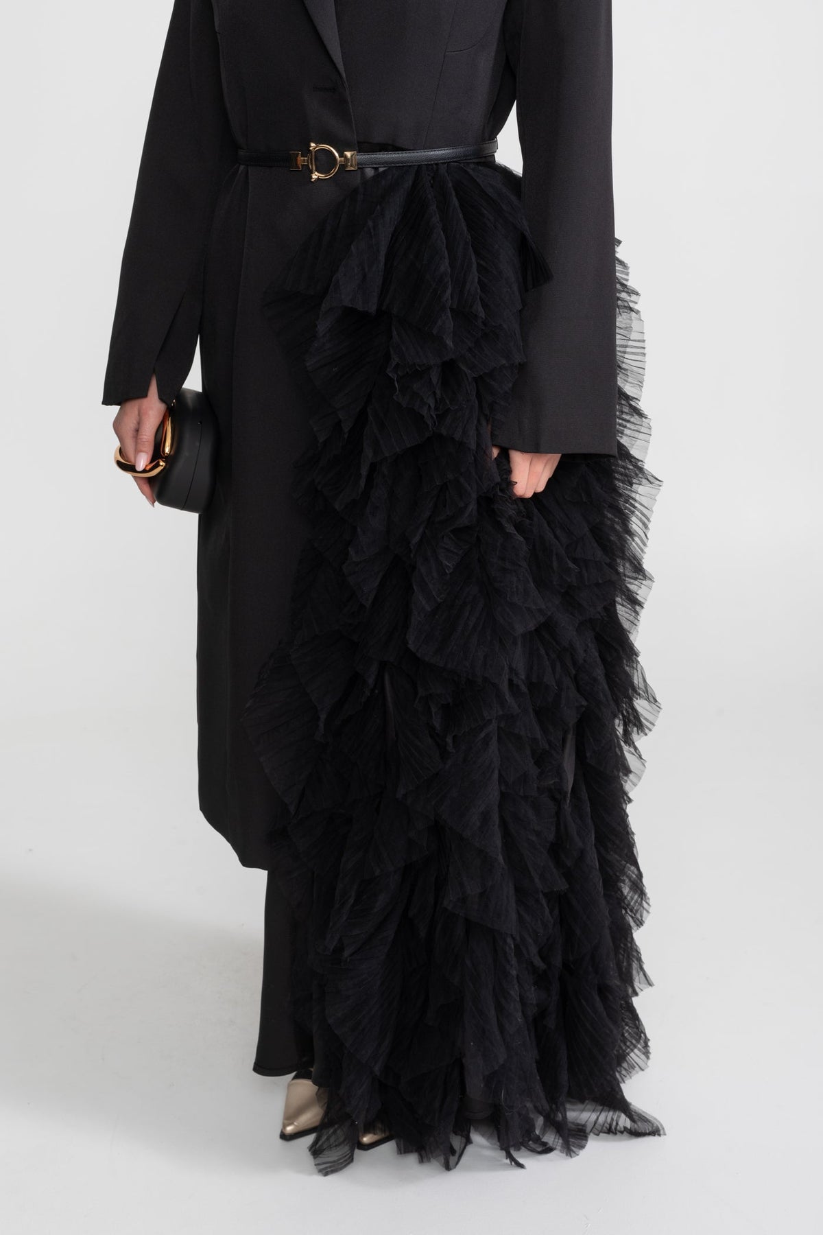 Tulle Cascade Blazer Dress with Notched Lapels and Belt – Black – view 4