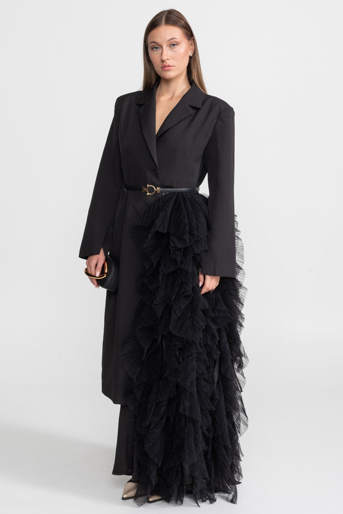 Tulle Cascade Blazer Dress with Notched Lapels and Belt – Black – view 5