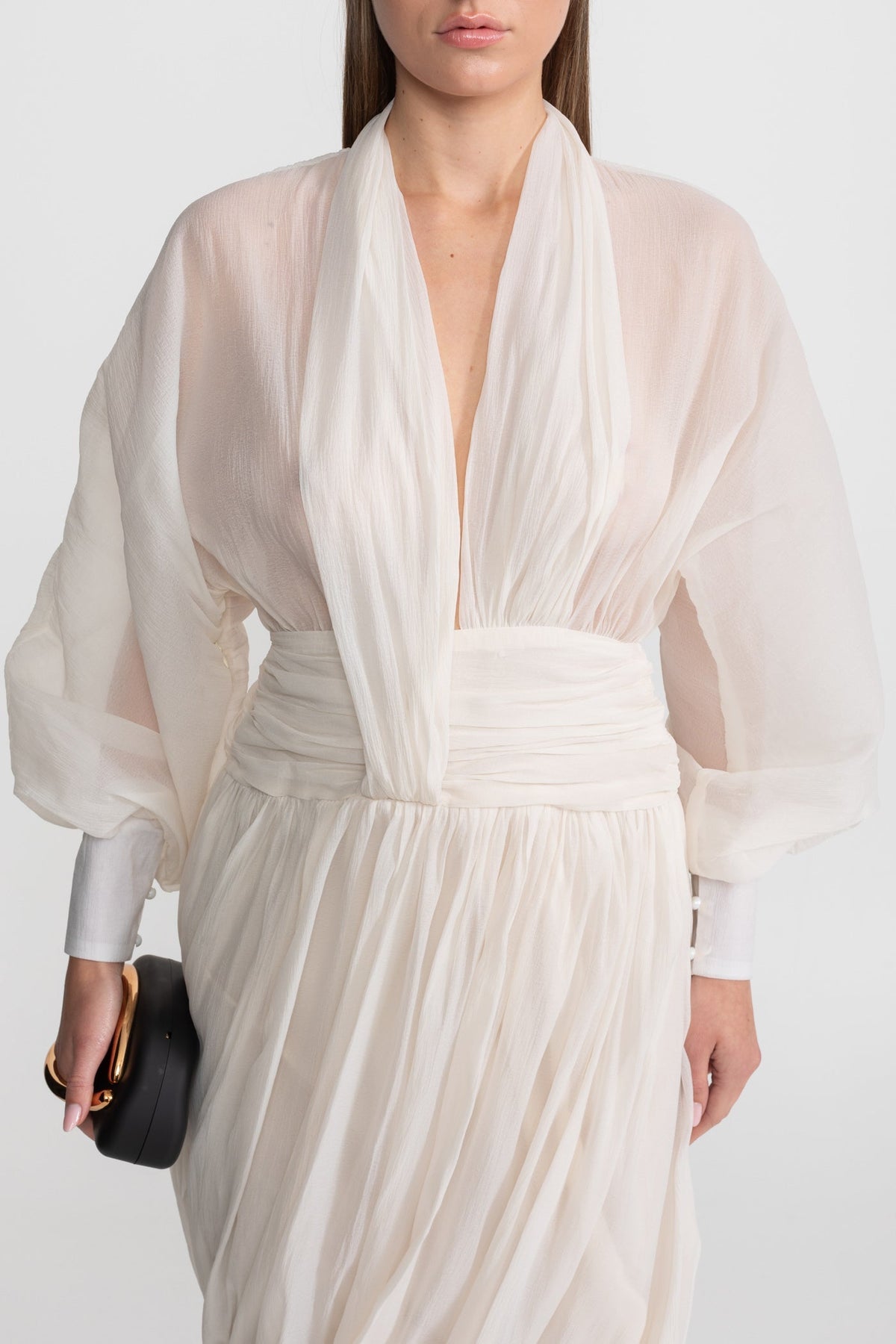 Chiffon Maxi Dress with Halter Collar and Bishop Sleeves – Ivory – view 5