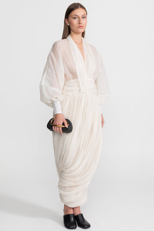Chiffon Maxi Dress with Halter Collar and Bishop Sleeves – Ivory – view 2