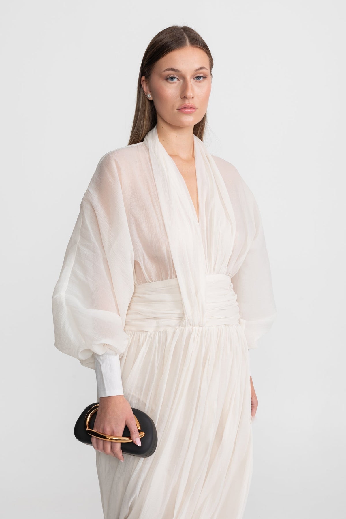 Chiffon Maxi Dress with Halter Collar and Bishop Sleeves – Ivory – view 3
