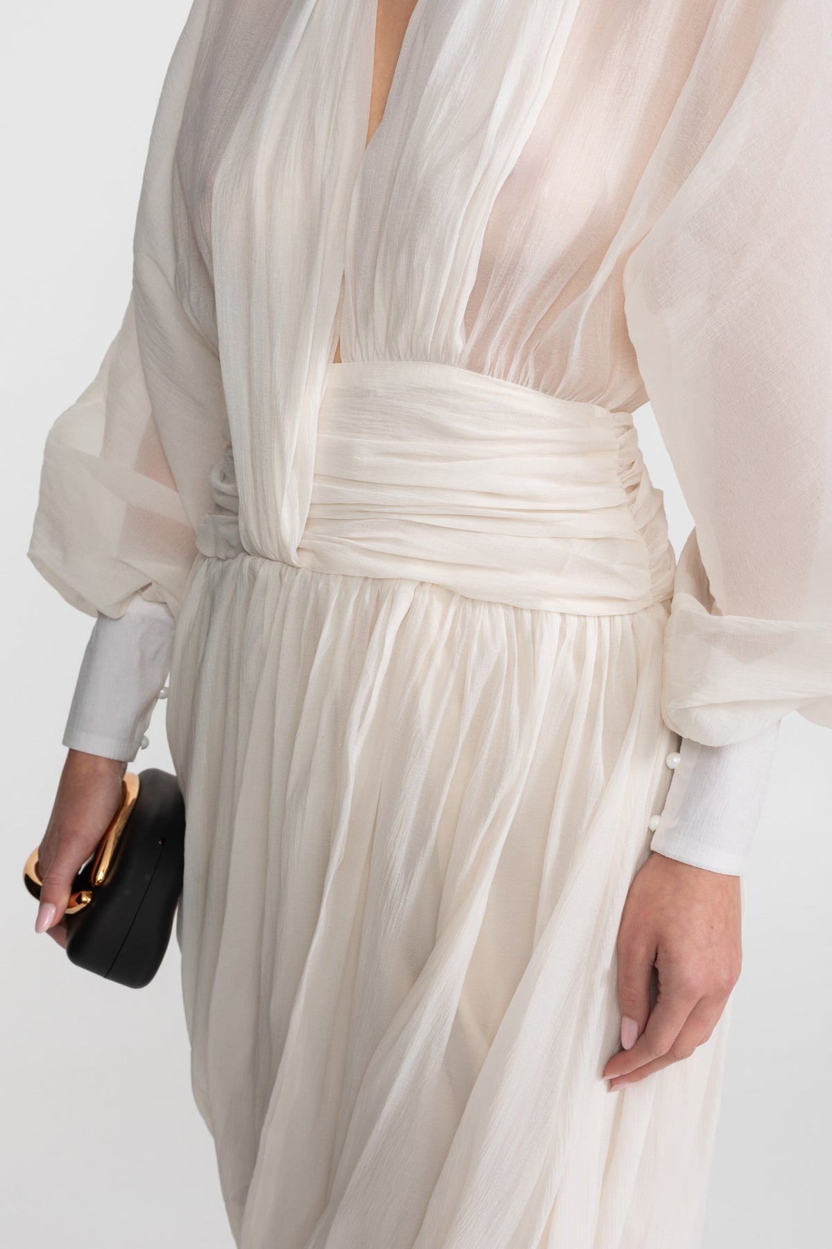 Chiffon Maxi Dress with Halter Collar and Bishop Sleeves – Ivory – view 6