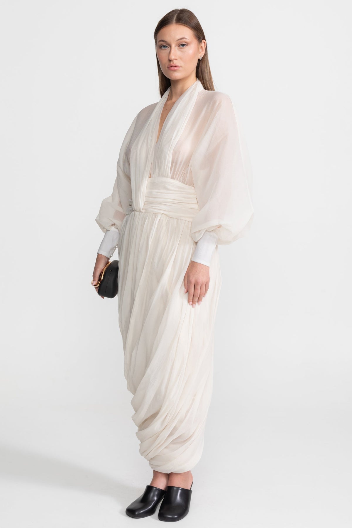 Chiffon Maxi Dress with Halter Collar and Bishop Sleeves – Ivory – view 4