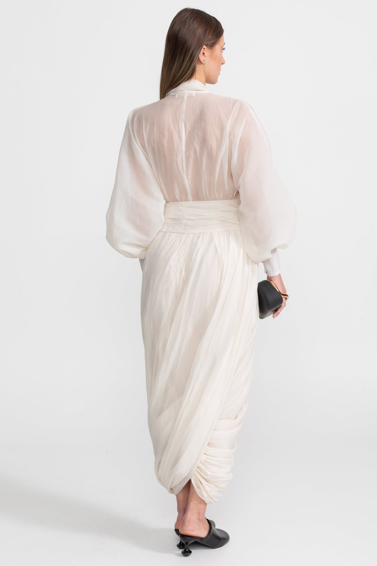 Chiffon Maxi Dress with Halter Collar and Bishop Sleeves – Ivory – view 7