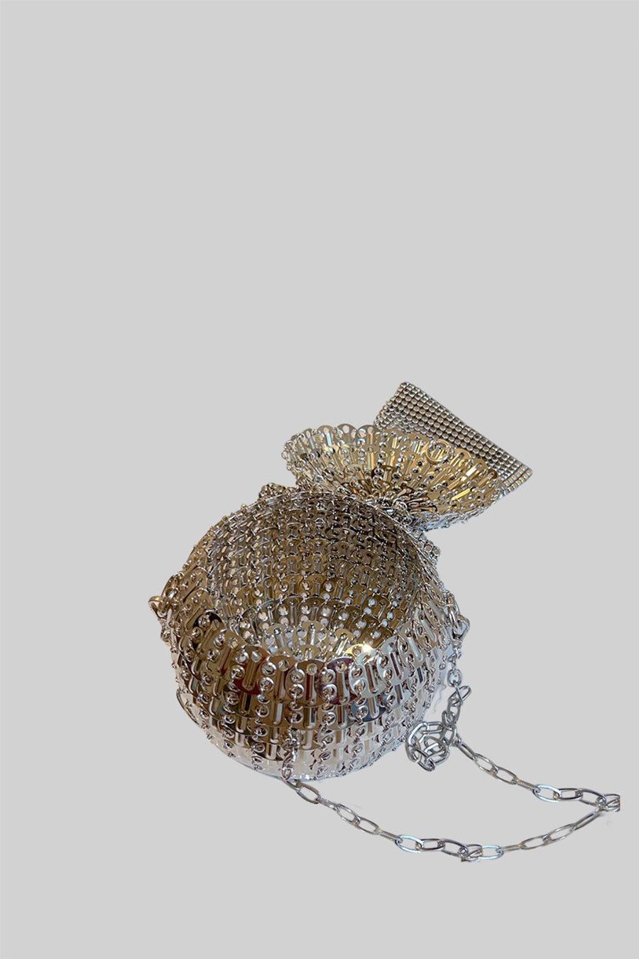 Spherical Metallic Handbag with Shimmering Embellishments – Silver