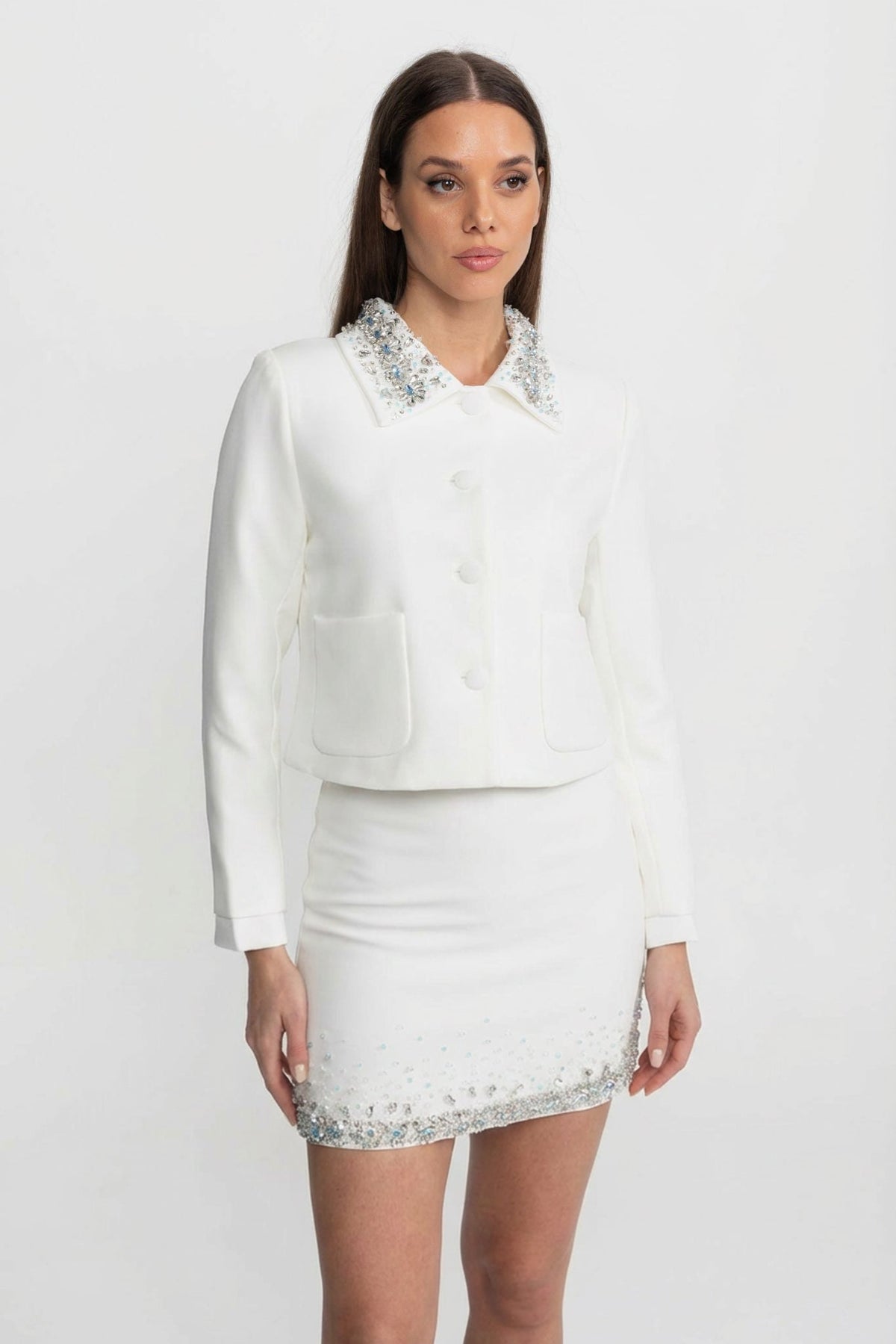 Cropped Tailored Jacket with Crystal and Bead Embellished Collar – White