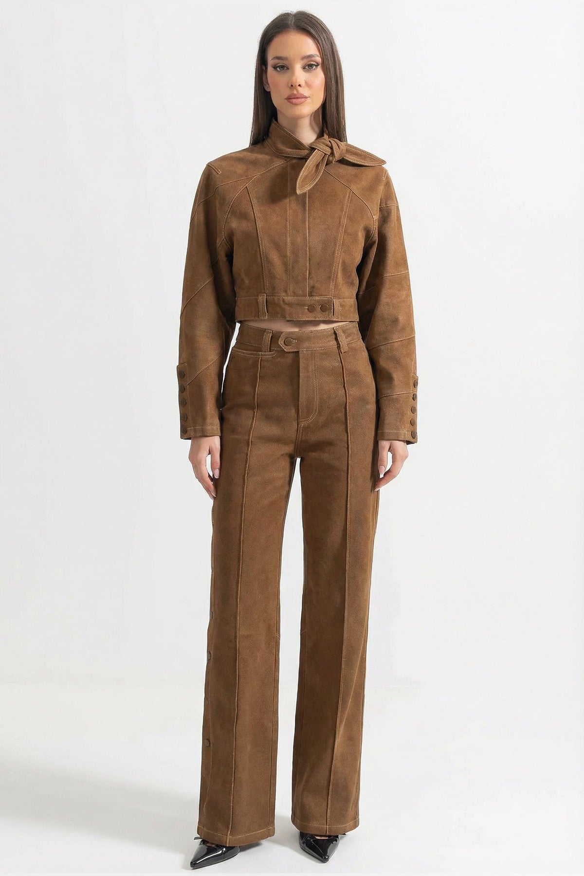 Suede Tie-Neck Cropped Jacket and Wide Leg Trousers Co-ord Set – Brown