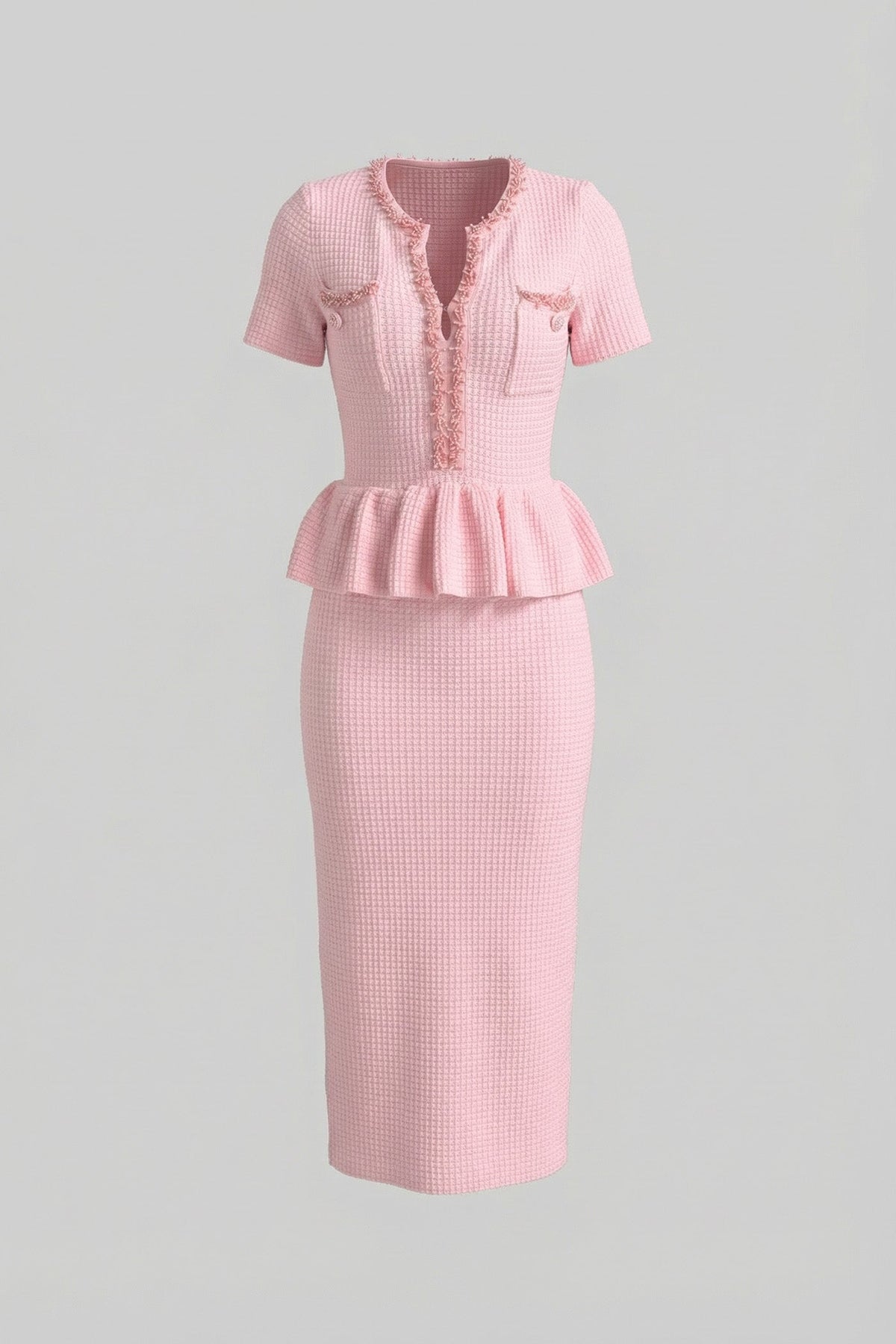 Short Sleeve Textured Knit Midi Dress with Peplum Waist – Baby Pink – view 5