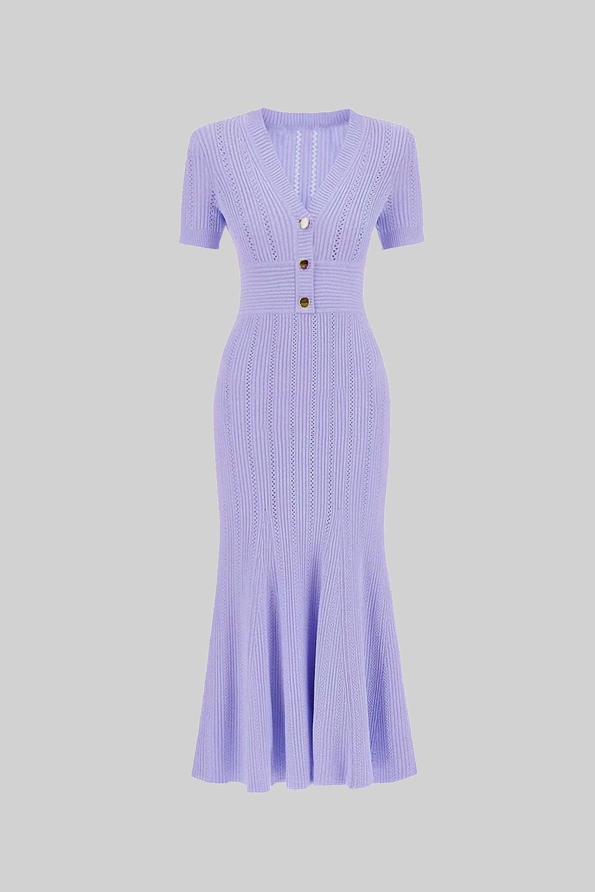 Ribbed Knit Deep V-Neck Short Sleeve Midi Dress with Gold Buttons – Lilac – view 2