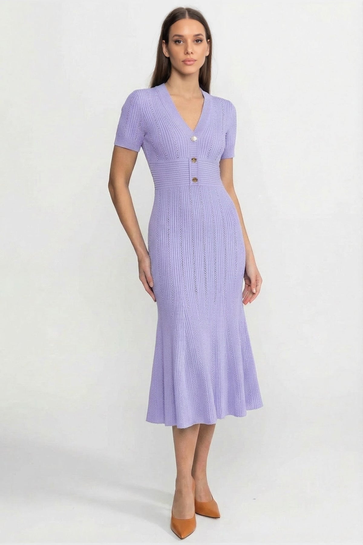 Ribbed Knit Deep V-Neck Short Sleeve Midi Dress with Gold Buttons – Lilac – view 1