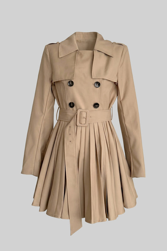 Double-Breasted Belted Trench Coat with Pleated Skirt – Khaki – view 2