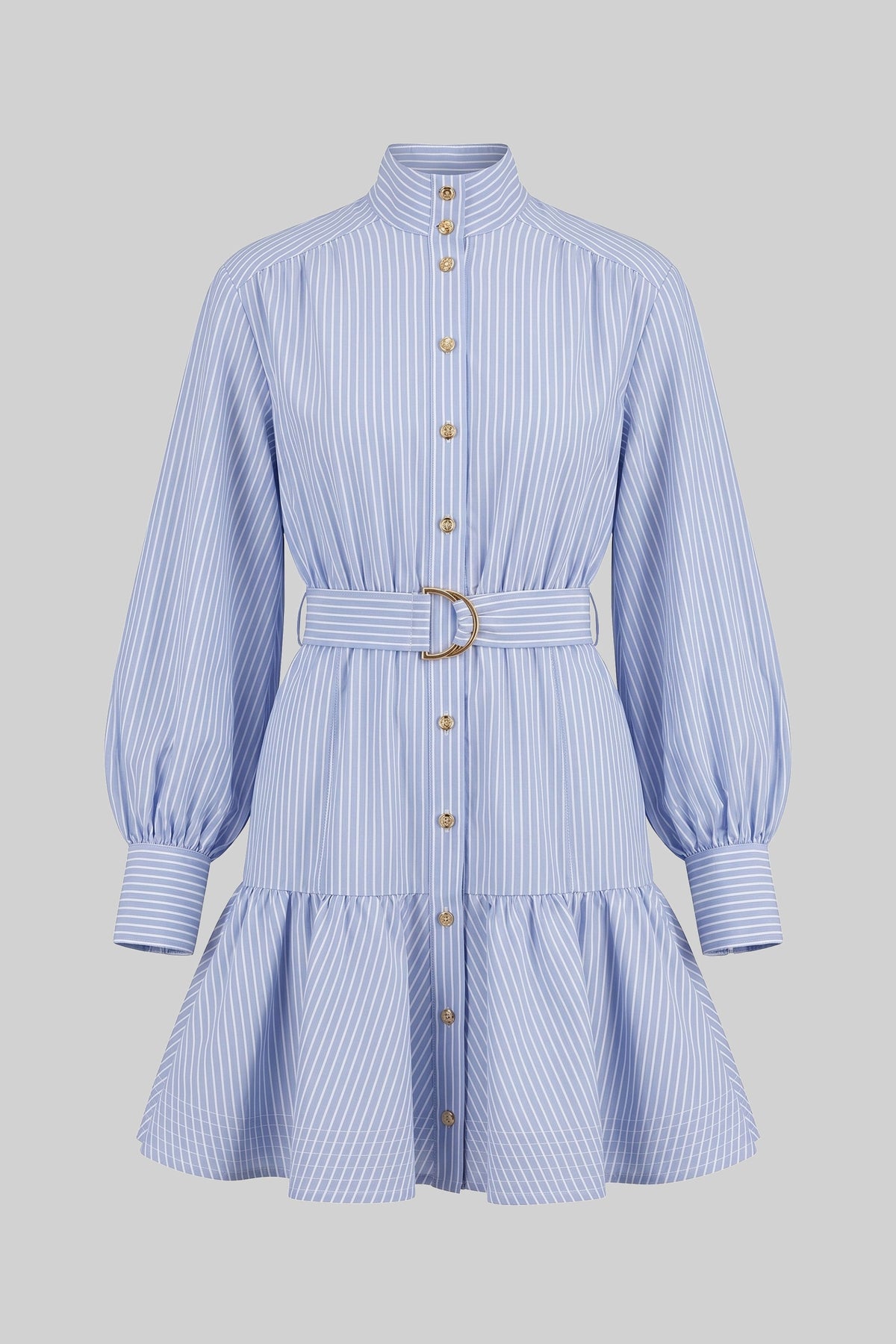 High Neck Striped Mini Dress with Balloon Sleeves and Bow Belt – Blue – view 2