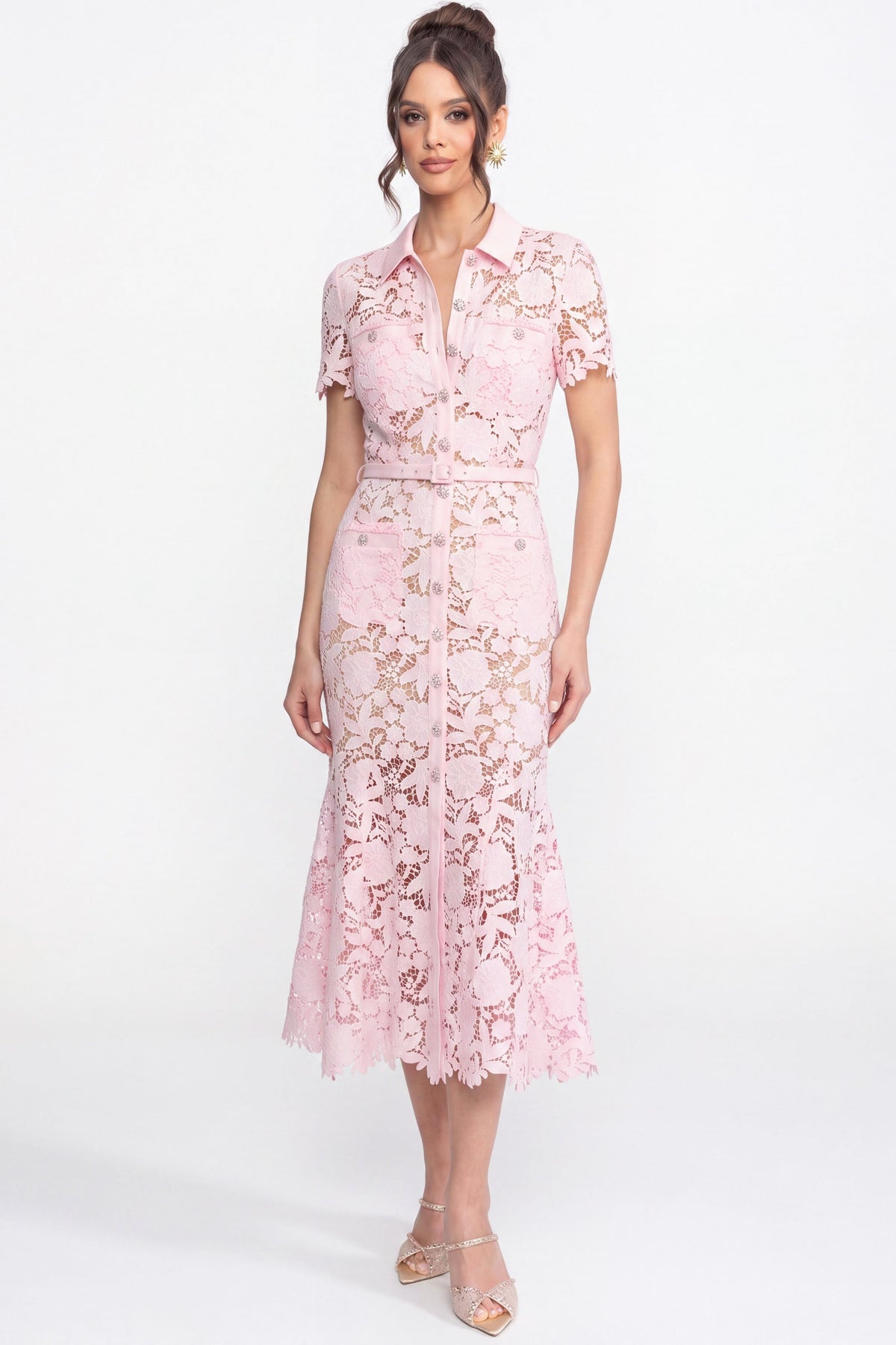 Lace Short Sleeve Collared Midi Dress with Belted Waist – Pink – view 1