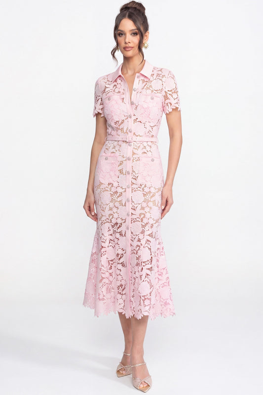 Lace Short Sleeve Collared Midi Dress with Belted Waist – Pink