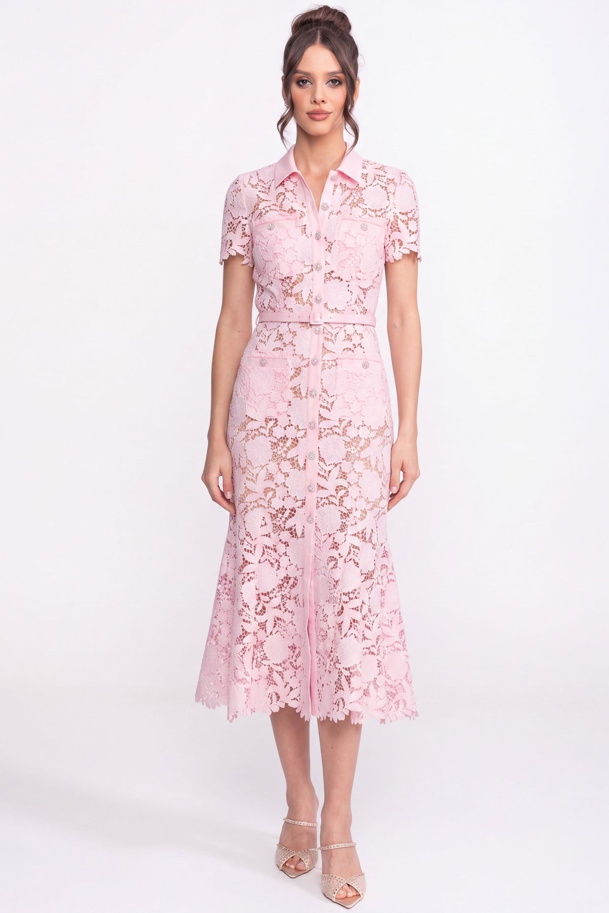 Lace Short Sleeve Collared Midi Dress with Belted Waist – Pink – view 2