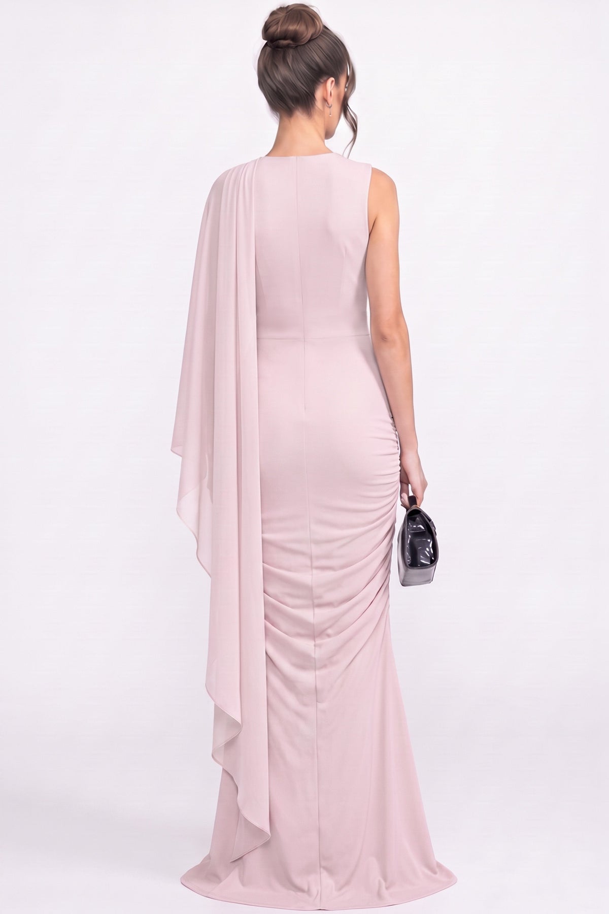 One-Shoulder Draped Maxi Dress with Sheer Scarf Detail – Pink – view 4