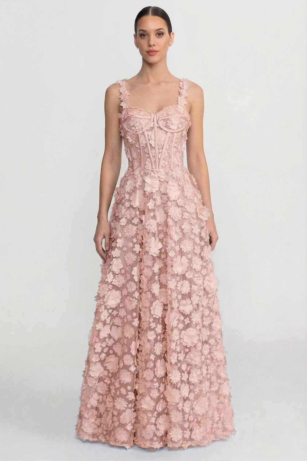 Floral Appliqué Corset Bodice Sweetheart Neck Maxi Dress – Pink