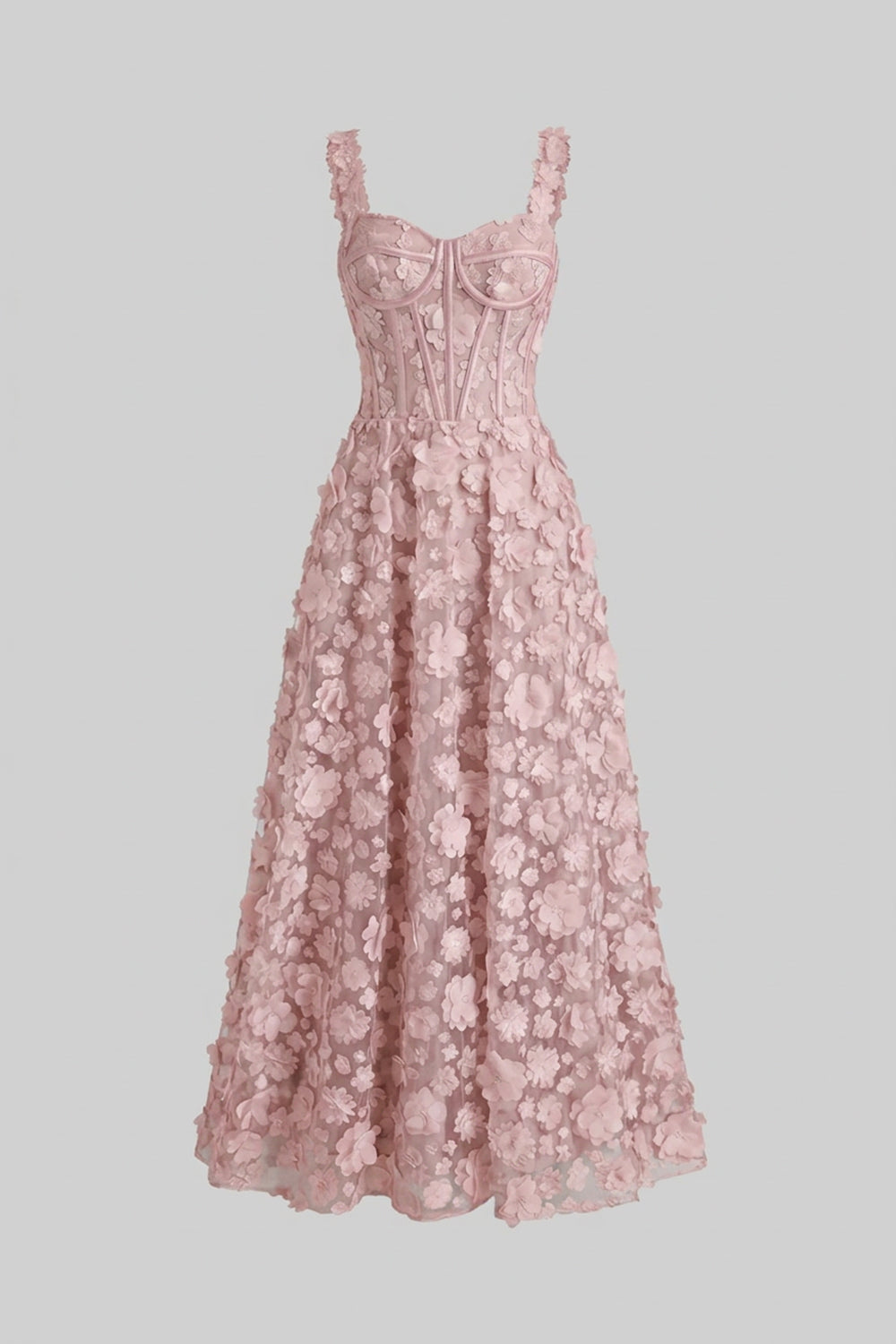 Floral Appliqué Corset Bodice Sweetheart Neck Maxi Dress – Pink