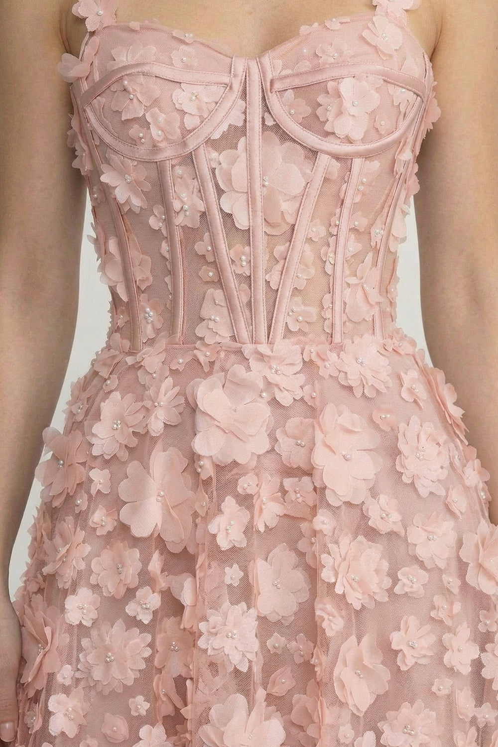 Floral Appliqué Corset Bodice Sweetheart Neck Maxi Dress – Pink