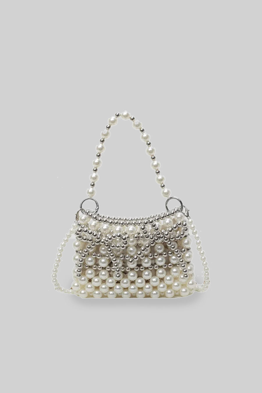 Pearl Beaded Handbag with Silver Bead Bow Accents – White