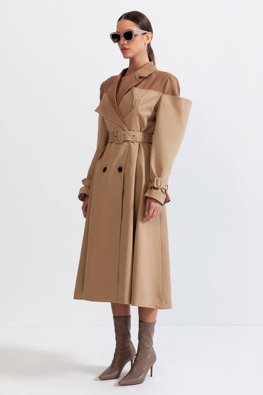 Two-Tone Blazer Trench Coat with Padded Shoulders and Belt – Nude – view 2