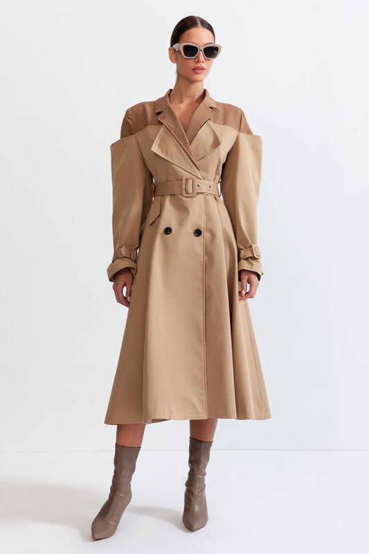 Two-Tone Blazer Trench Coat with Padded Shoulders and Belt – Nude