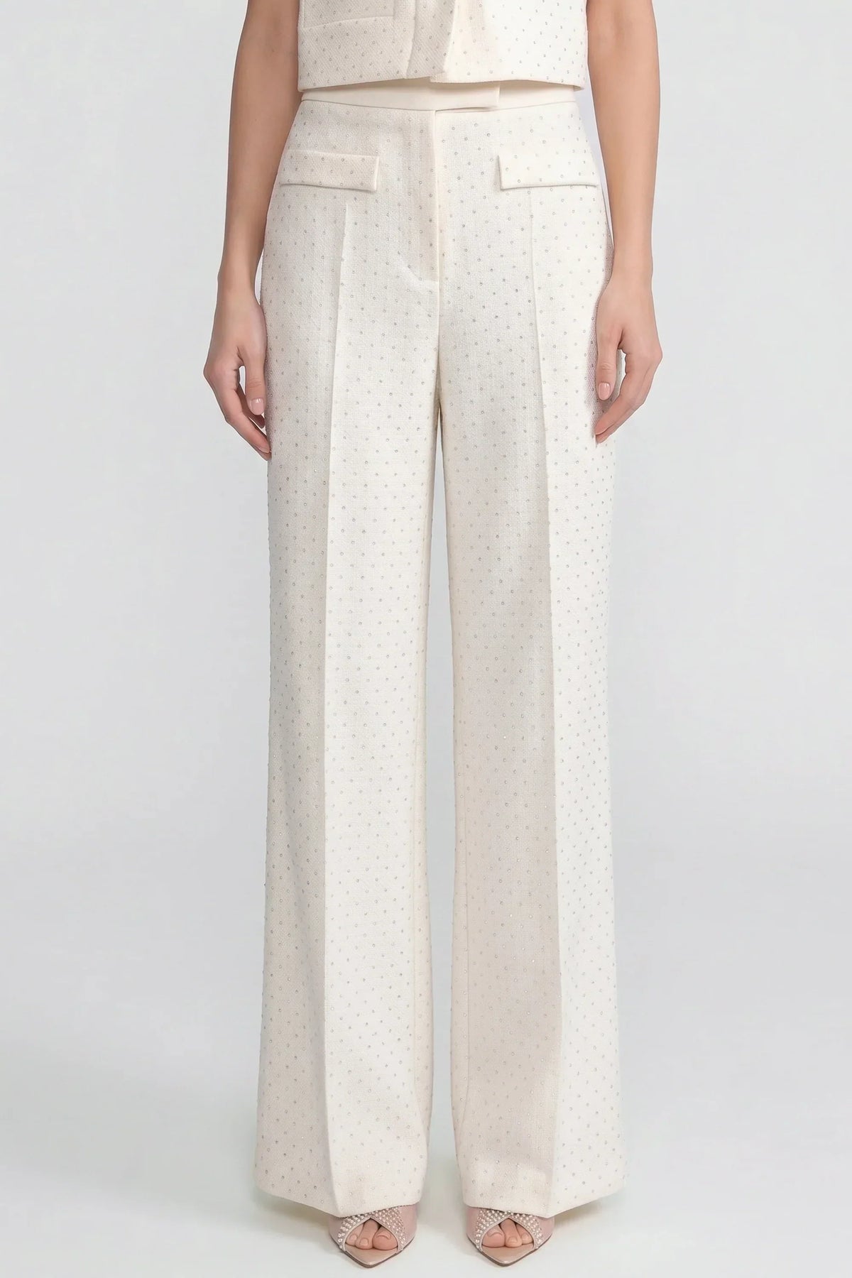 High Waisted Embellished Tweed Wide Leg Trousers with Patch Pockets – Ivoire
