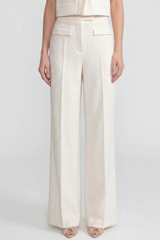 High Waisted Embellished Tweed Wide Leg Trousers with Patch Pockets – Ivoire