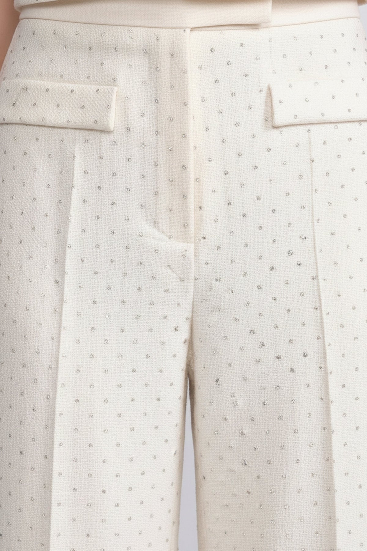 High Waisted Embellished Tweed Wide Leg Trousers with Patch Pockets – Ivoire – view 3