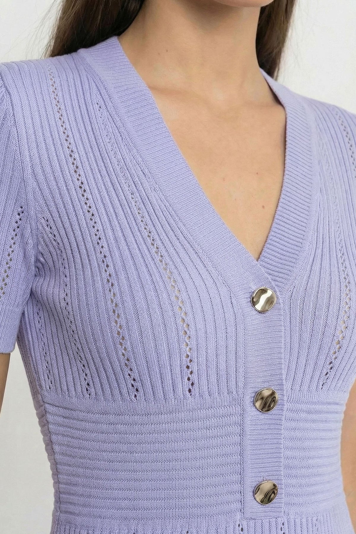 Ribbed Knit Deep V-Neck Short Sleeve Midi Dress with Gold Buttons – Lilac – view 3