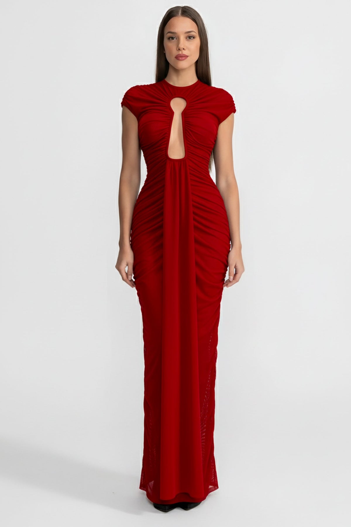 Floor Length Draped Cut-Out Gown with Gathered Detail – Red