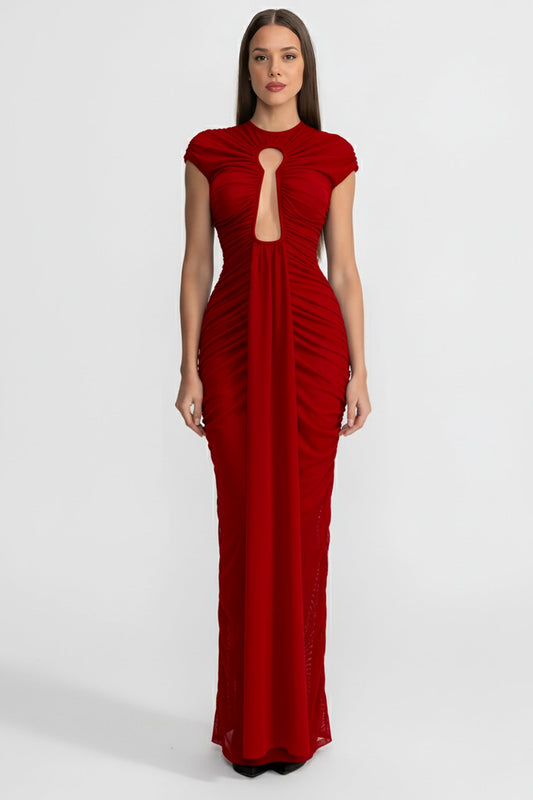 Floor Length Draped Cut-Out Gown with Gathered Detail – Red