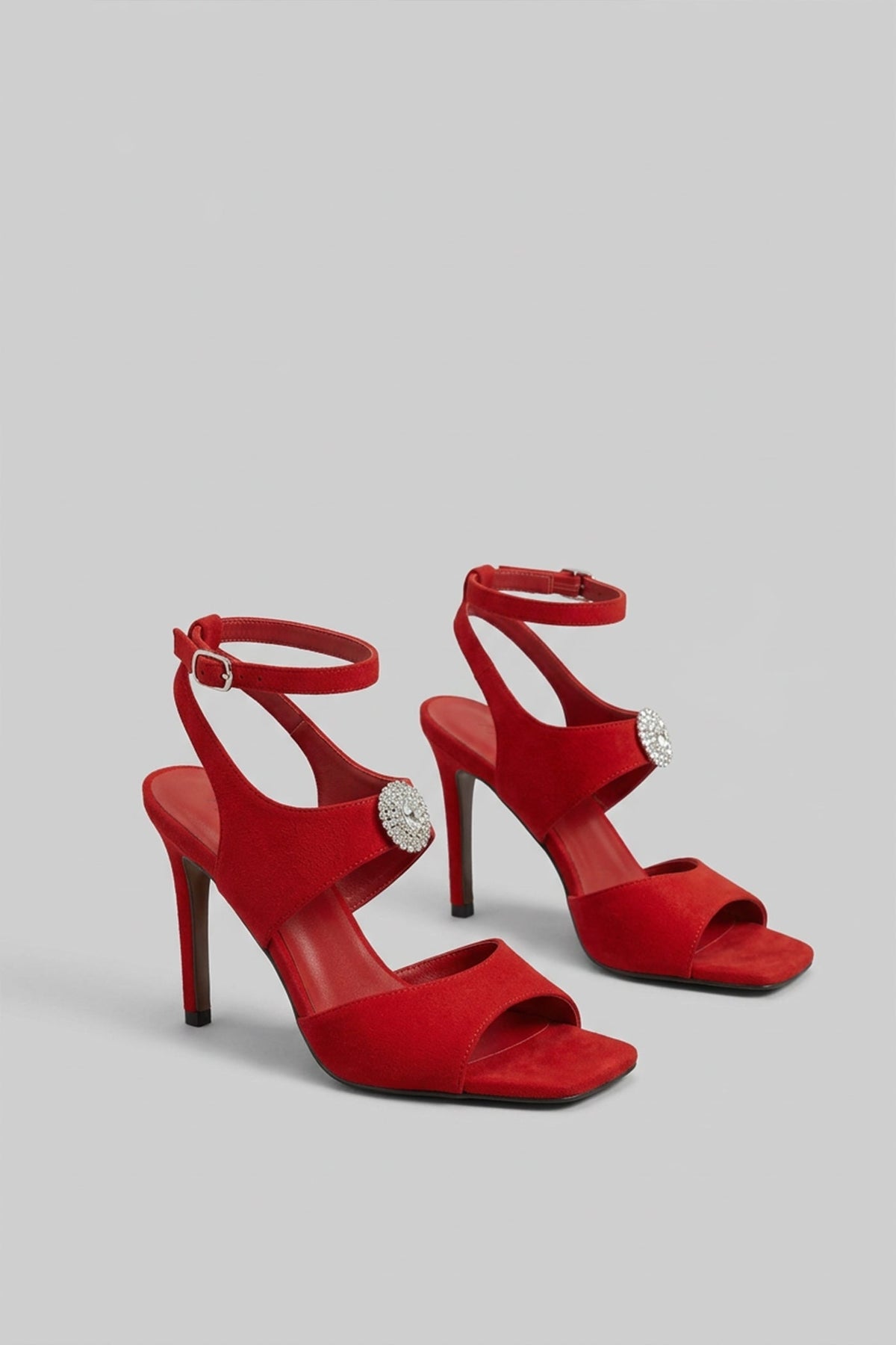 Suede-Effect Stiletto Sandals with Crystal Embellished Strap – Red – view 2