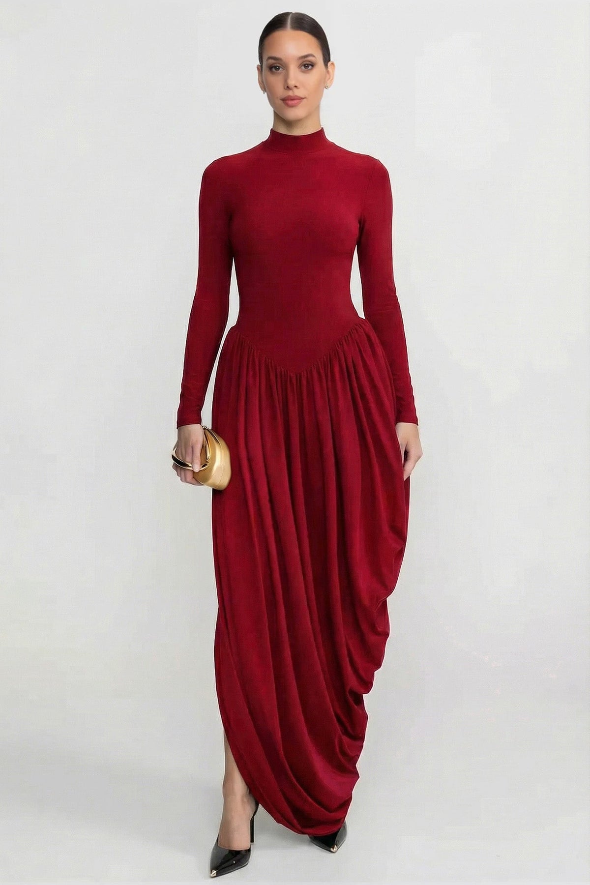 Mock Neck Long Sleeve Maxi Dress with Draped Asymmetric Skirt – Red