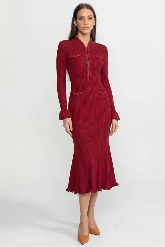 Ribbed Knit Stand Collar Midi Dress with Braided Trim – Burgundy