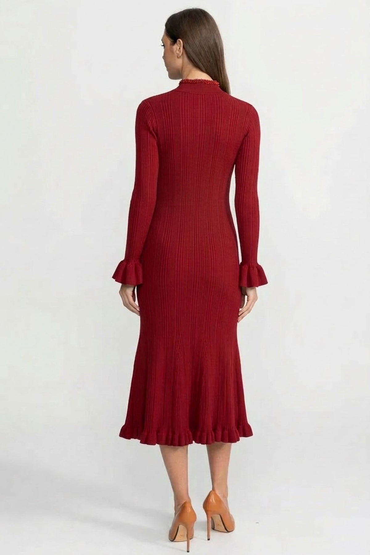 Ribbed Knit Stand Collar Midi Dress with Braided Trim – Burgundy – view 4