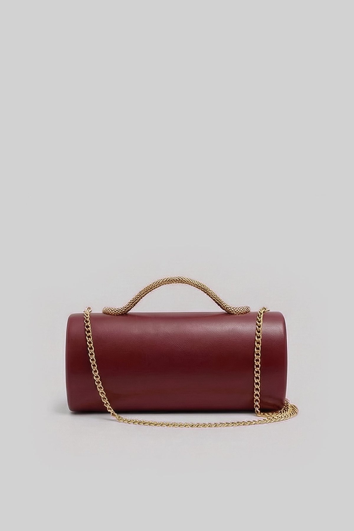Structured Faux Leather Clutch with Snake Handle and Gold Chain – Burgundy – view 3