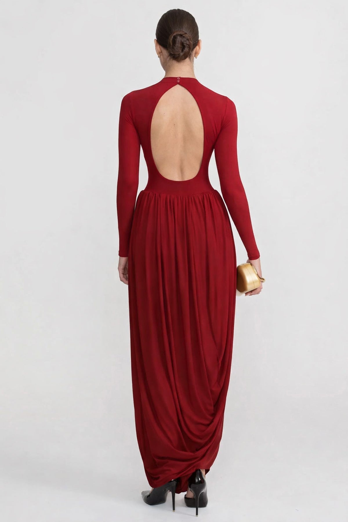 Mock Neck Long Sleeve Maxi Dress with Draped Asymmetric Skirt – Red
