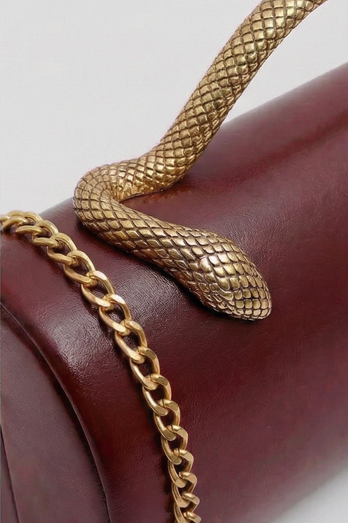 Structured Faux Leather Clutch with Snake Handle and Gold Chain – Burgundy – view 4